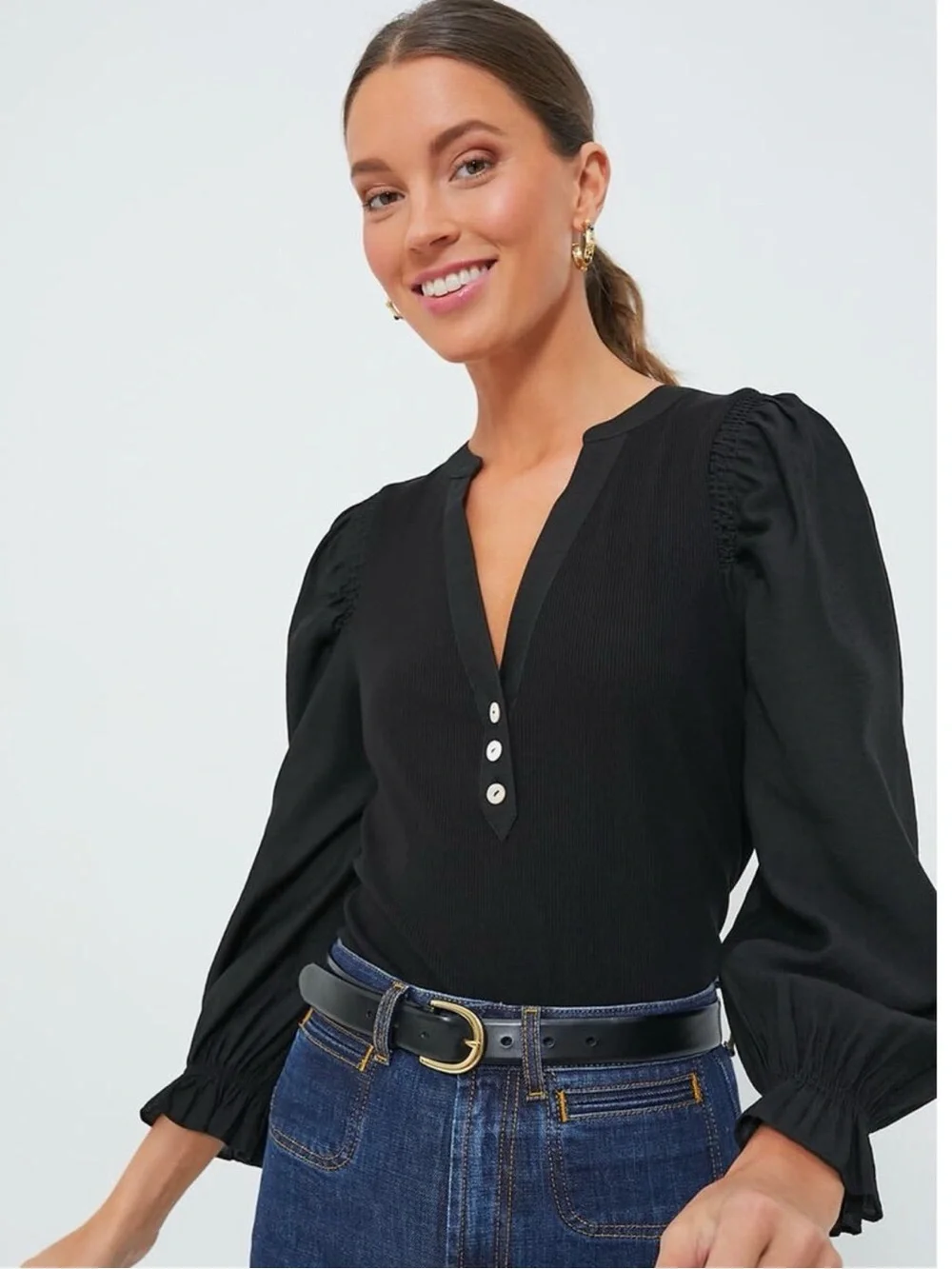 Pomander Place by Tuckernuck Livia Puff Sleeve Ribbed Top Black Medium Medium